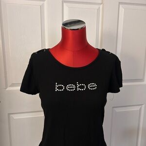 bebe Black Rhinestone Logo Short Sleeve Tee